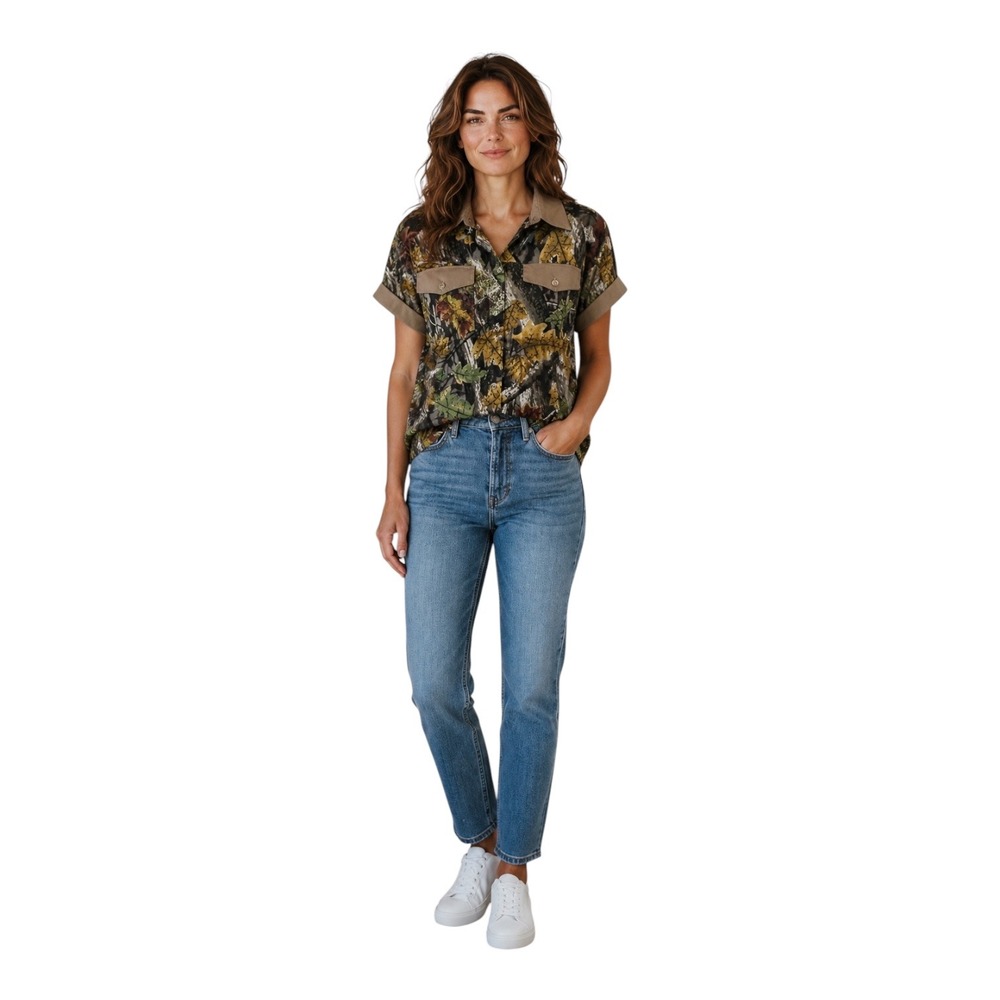Master Sportswoman Leaf Camo Western Button Down Shirt Short‎ Sleeve Large NWT